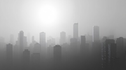 Naklejka premium City engulfed in heavy gray smog with silhouettes of buildings fading into haze against a text space sky. Generative AI