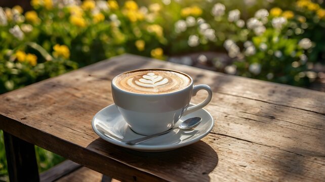 Coffee on wooden table in garden outdoor café, summer morning flowers photo