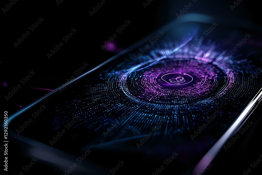 Poster glowing purple digital interface on smartphone screen with futuristic circular pattern and binary co