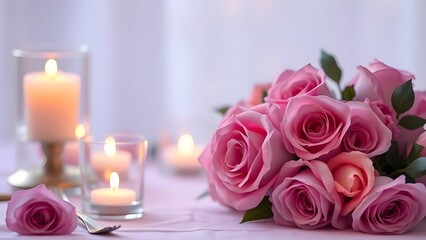 Enchanting Candlelit Dinner in Lavender Bliss Hyper-Realistic Roses and Elegant Reflections