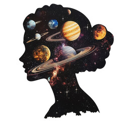 Woman&rsquo;s Silhouette with Planets and Galaxy &ndash; Cosmic Mind PNG on White Background