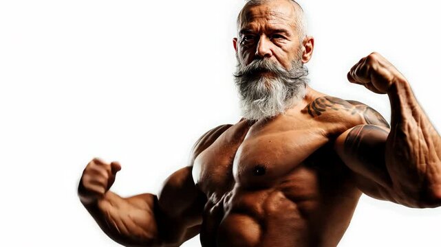 Senior man with a muscular body. Shirtless elderly bodybuilder posing on white background.