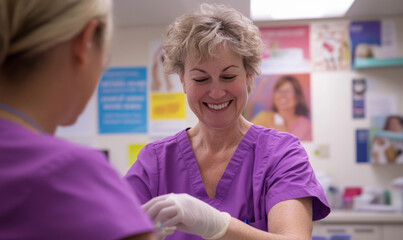 Obraz premium two nurses laughing, smiling at the medical center, horizontal photo. The background is blurred with posters about health and wellness