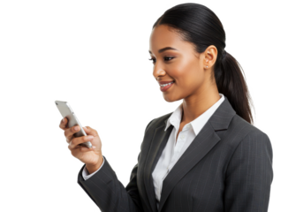 Businesswoman smiling and looking at her smartphone isolated on transparent, White background