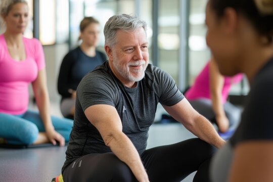 A fitness trainer demonstrates the correct technique for performing a leg exercise to the group. 