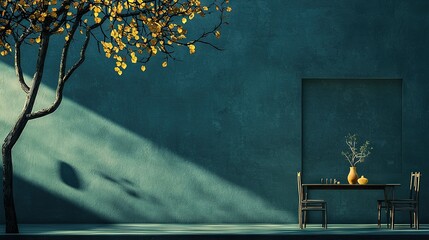   A table with two vases and a tree in front of a blue wall with a shadow cast on it