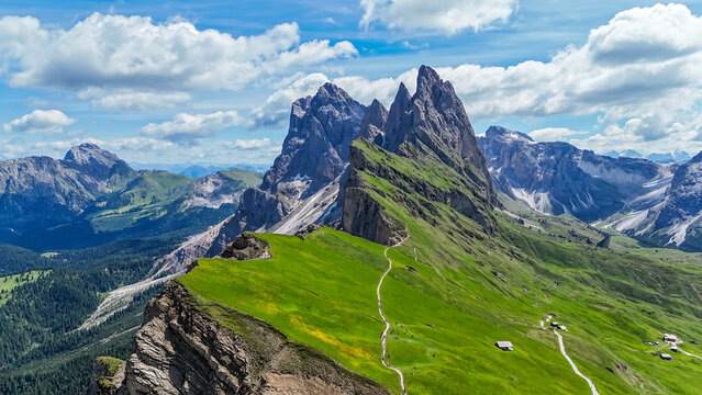 Wonderful landscape of the Dolomites Alps. Odle mountain range, Seceda peak in Dolomites, Italy.