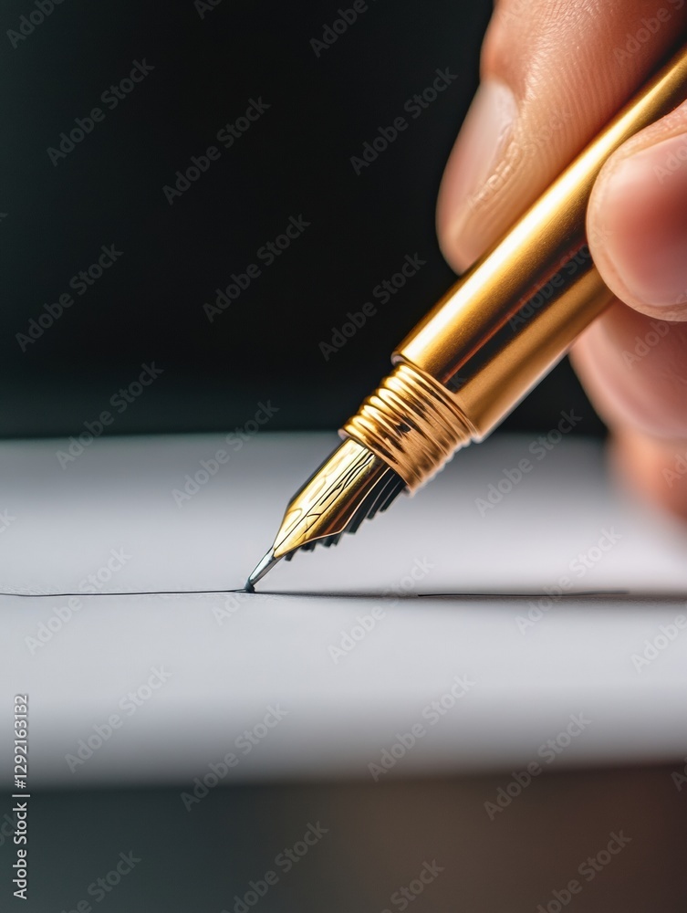 Poster Elegant hand holding a golden pen poised to write on a clean sheet of paper with a dark background. Generative AI