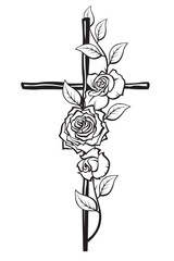 illustration of christian cross and roses isolated on white background