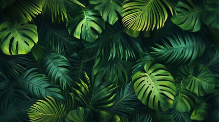 Lush Tropical Green Leaves Botanical Background Texture Nature Design Summer Foliage Palm Plants Jungle Monstera Decorative Vibrant Emerald Greenery  