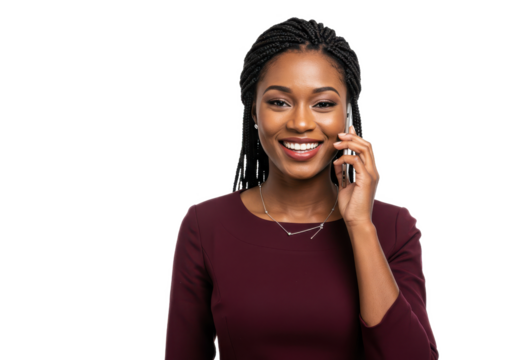 Portrait of a smiling businesswoman talking on the phone isolated on transparent, White background