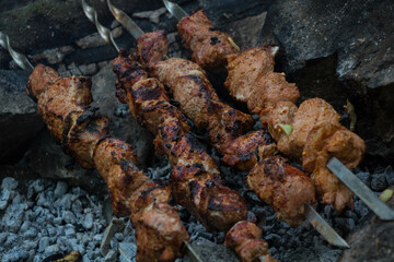 Meat of varying degrees of doneness is grilled on coals in the forest, skewers lie on stones, charred wood lies at the edge, wild tourism concept