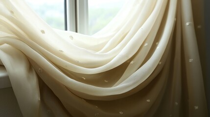 Beige sheer curtains billowing at window, soft natural light