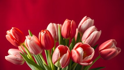Fototapeta premium Captivating Tulip Bouquet on Deep Red Background with Copy Space