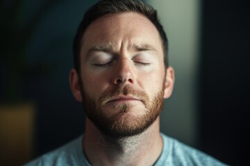 Fototapeta premium A man with his eyes closed, training his willpower, continues the exercises. 