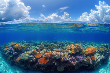 Obraz premium Vibrant Coral Reef Underneath A Cloudy Sky