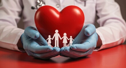Hands in surgical gloves holding a heart with a family, representing healthcare, family health, and medical protection.


