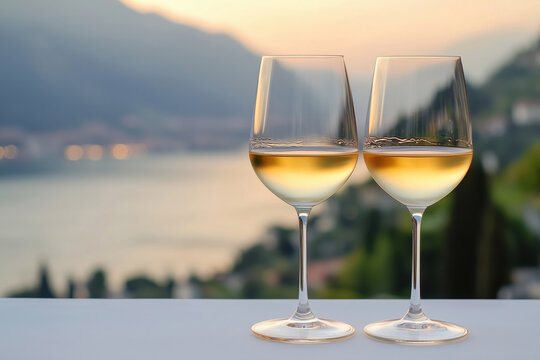 Glasses with white wine served with a view of the summer sunset lakeshore landscape