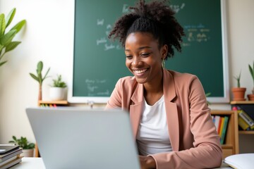Cheerful Young African American Female Teacher Engaging with Students via Laptop in Classroom Setting with Green Chalkboard and Indoor Plants