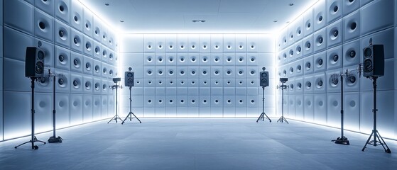 Audio recording room with speakers on stands in studio, soundproof wall background