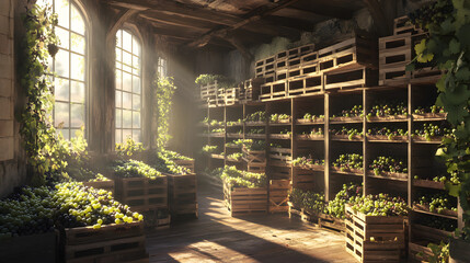 Fototapeta premium Fresh grapes in crates stacked on towering shelves in a rustic room, with soft light spilling in from the windows.