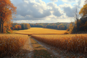 Fototapeta premium Autumnal Cornfield Path Through Golden Fields
