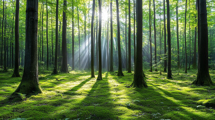 Obraz premium Sunlit green forest with tall trees, moss-covered ground, and tranquil atmosphere for nature, relaxation, and conservation themes