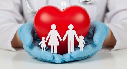 Hands in surgical gloves holding a heart with a family, representing healthcare, family health, and medical protection.

