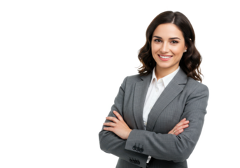 Confident brunette businesswoman in suit smiling isolated on transparent, White background
