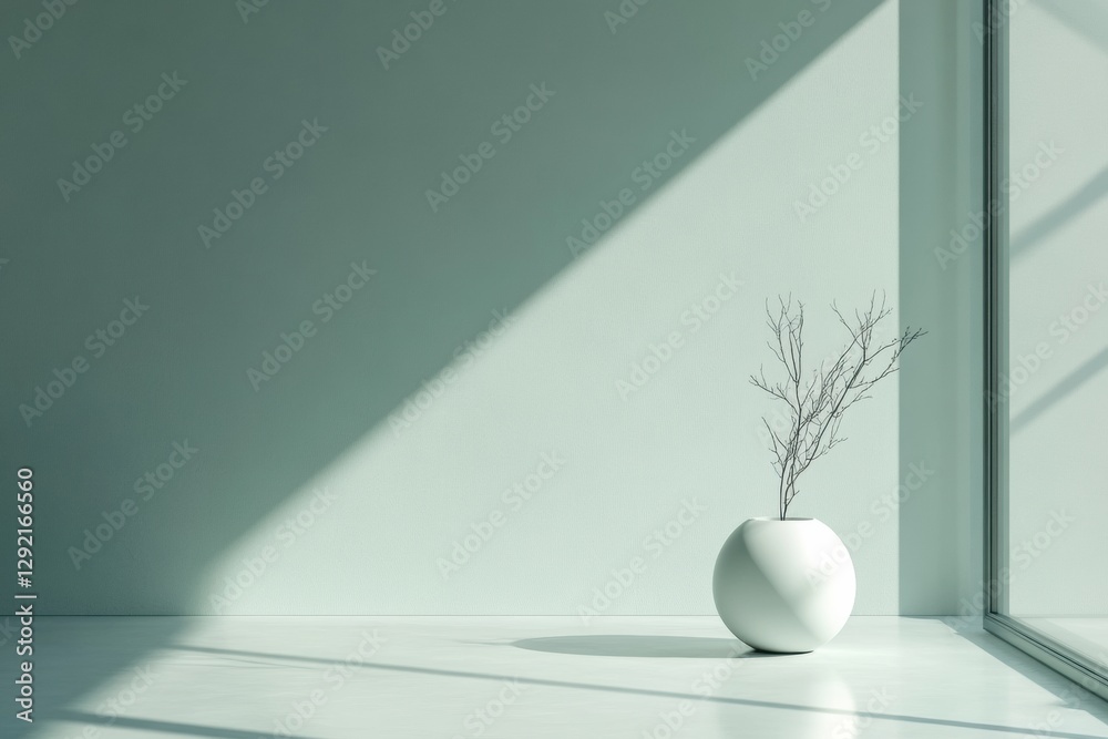 Poster minimalist interior featuring a white vase with twigs in natural light, creating a serene atmosphere
