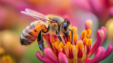 Fototapeta premium In this captivating image, a honeybee delicately indulges in nature's sweet bounty, drawing nectar from the heart of a vibrant flower. With remarkable precision,the bee navigates the intricate petals 