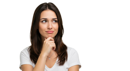 Thoughtful young woman considering new ideas isolated on transparent, White background
