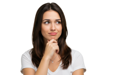Thoughtful young woman considering new ideas isolated on transparent, White background