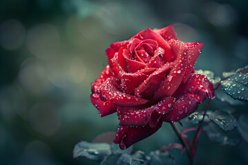 A Vibrant Red Rose in Full Bloom with Dewdrops Showcasing Beauty, Passion, and Elegance