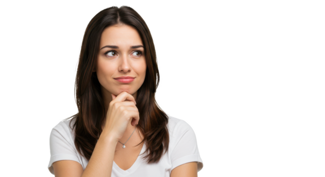 Thoughtful young woman considering new ideas isolated on transparent, White background