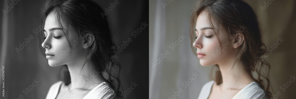 Aufkleber Mood transformation from sadness to serenity captured in a creative dual tone portrait. Generative AI