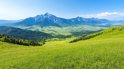 Fototapeta premium Mountain valley panorama, green hills, summer day, scenic background, travel poster