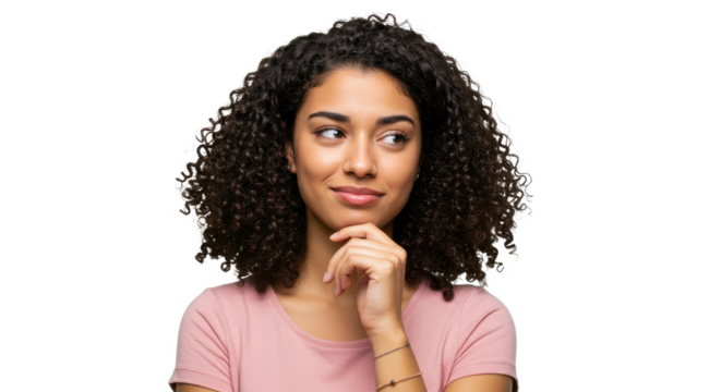 Thoughtful young woman considering new ideas isolated on transparent, White background