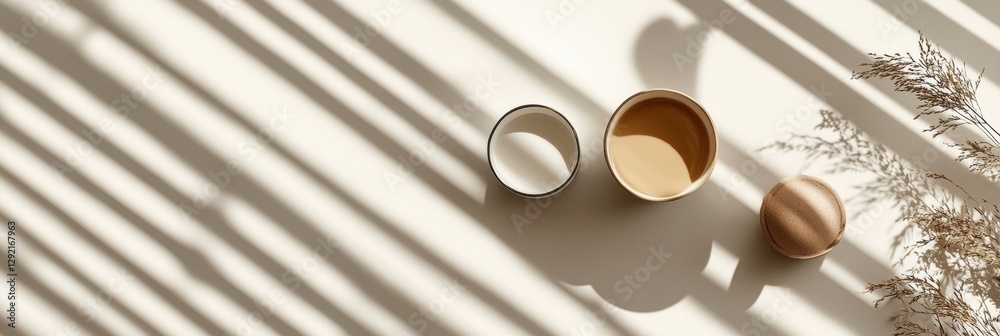 Poster Elegant arrangement of containers with shadows cast by sunlight in a minimalist setting. Generative AI