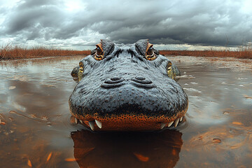 Fototapeta premium Alligator Head Emerging From Swampy Water