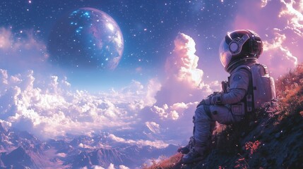 A joyful child in an astronaut suit gazes up at a starry sky