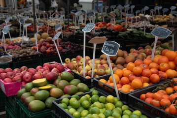 Fresh healthy fruits displayed at a fruit market. Grocery store
