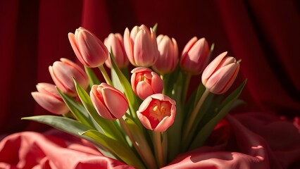 Fototapeta premium Elegant Tulip Bouquet in Soft Daylight Against Deep Red Backdrop