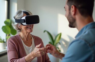 Elderly caucasian female enjoying virtual reality experience with young caucasian male assistance