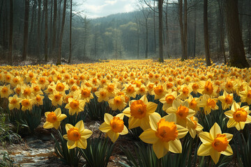 Obraz premium Yellow daffodils bloom in a sunlit forest clearing