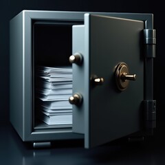 Close-up metallic safe with documents inside, door ajar, dark background, highlighting security and protection.