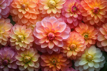Fototapeta premium Dew Kissed Dahlia Blooms In Warm Hues