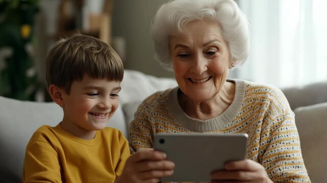 A cheerful grandmother and her grandson using a tablet together in a warm living room, sharing a joyful moment of online fun