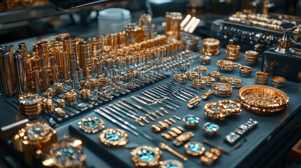 A detailed view of a luxurious workshop filled with intricate gold and silver jewelry pieces