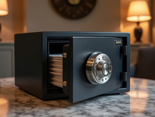 Sleek black safe with documents on marble table in luxury home, showcasing wealth and secure document storage.